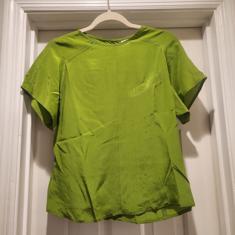 Vintage Bethany 100% silk blouse olive green with front pocket